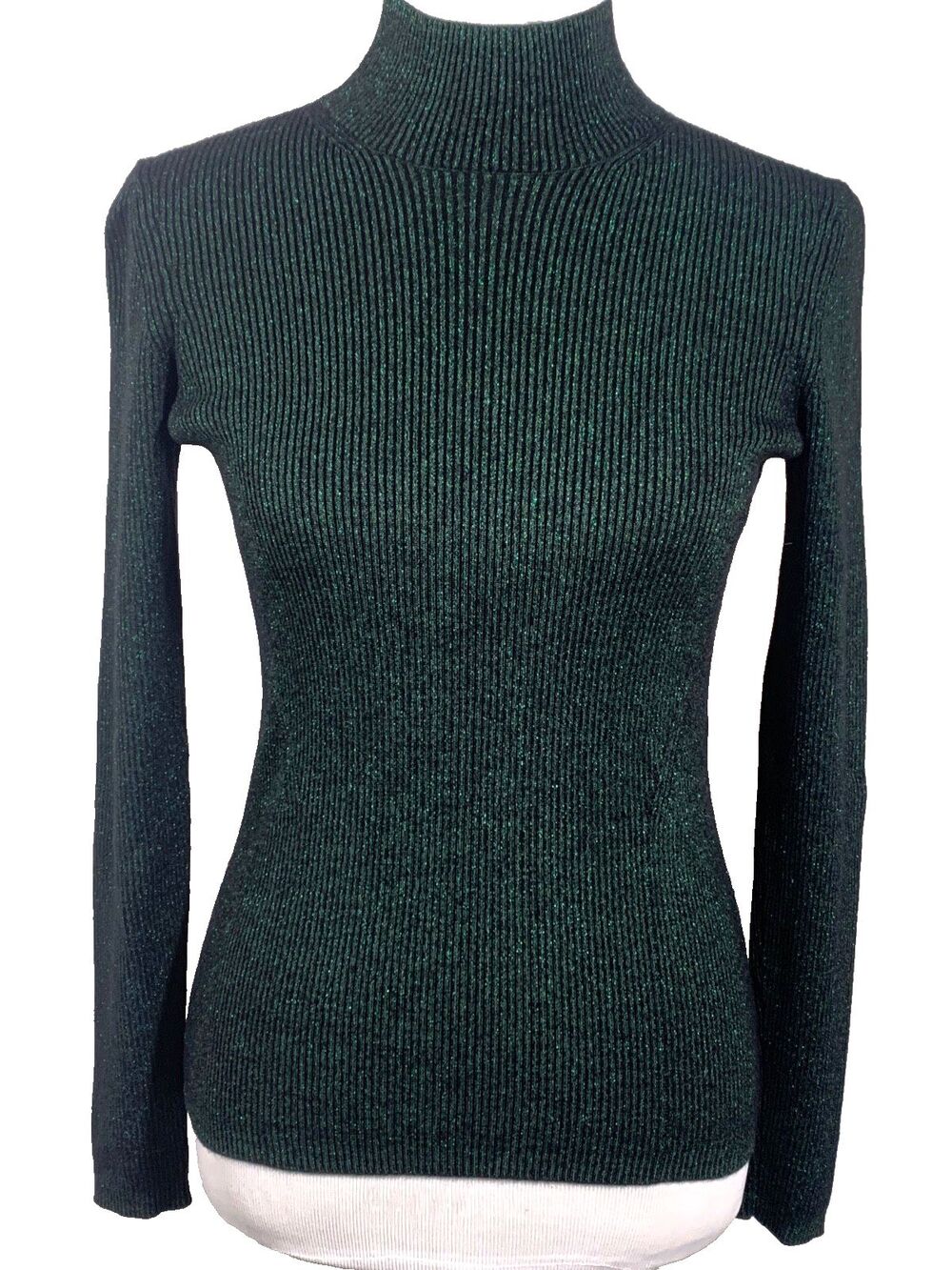 Diane von Furstenberg Metallic Green Merino Wool Blend Mock Neck Sweater M